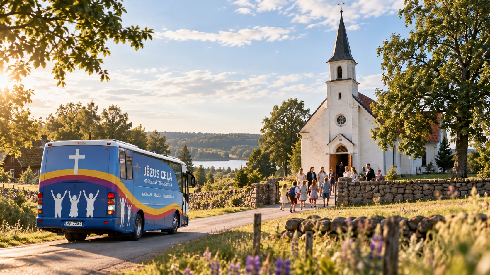 Mobilā svētdienas skolas autobuss pie lauku baznīcas