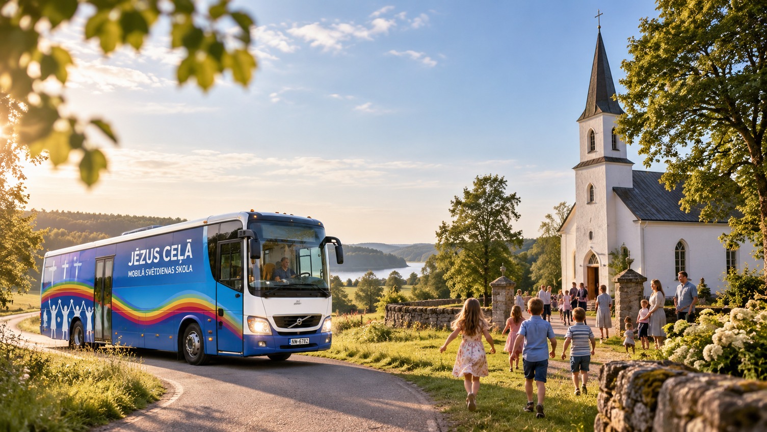 Autobuss un bērni pie baznīcas